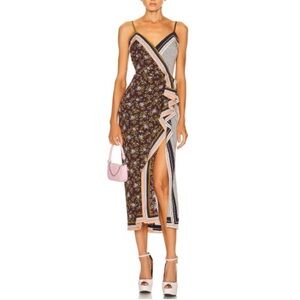VERONICA BEARD Marga Mixed-print Silk-Blend Ruched High Slit Midi Dress